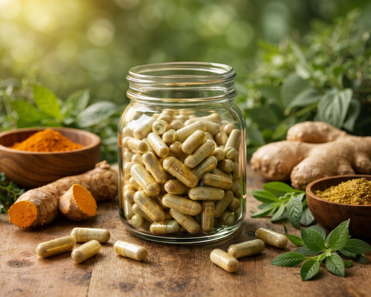 Cápsulas de suplementos naturais com ervas em pote de vidro em lojas de produtos naturais em Cianorte Jardim das Ervas
