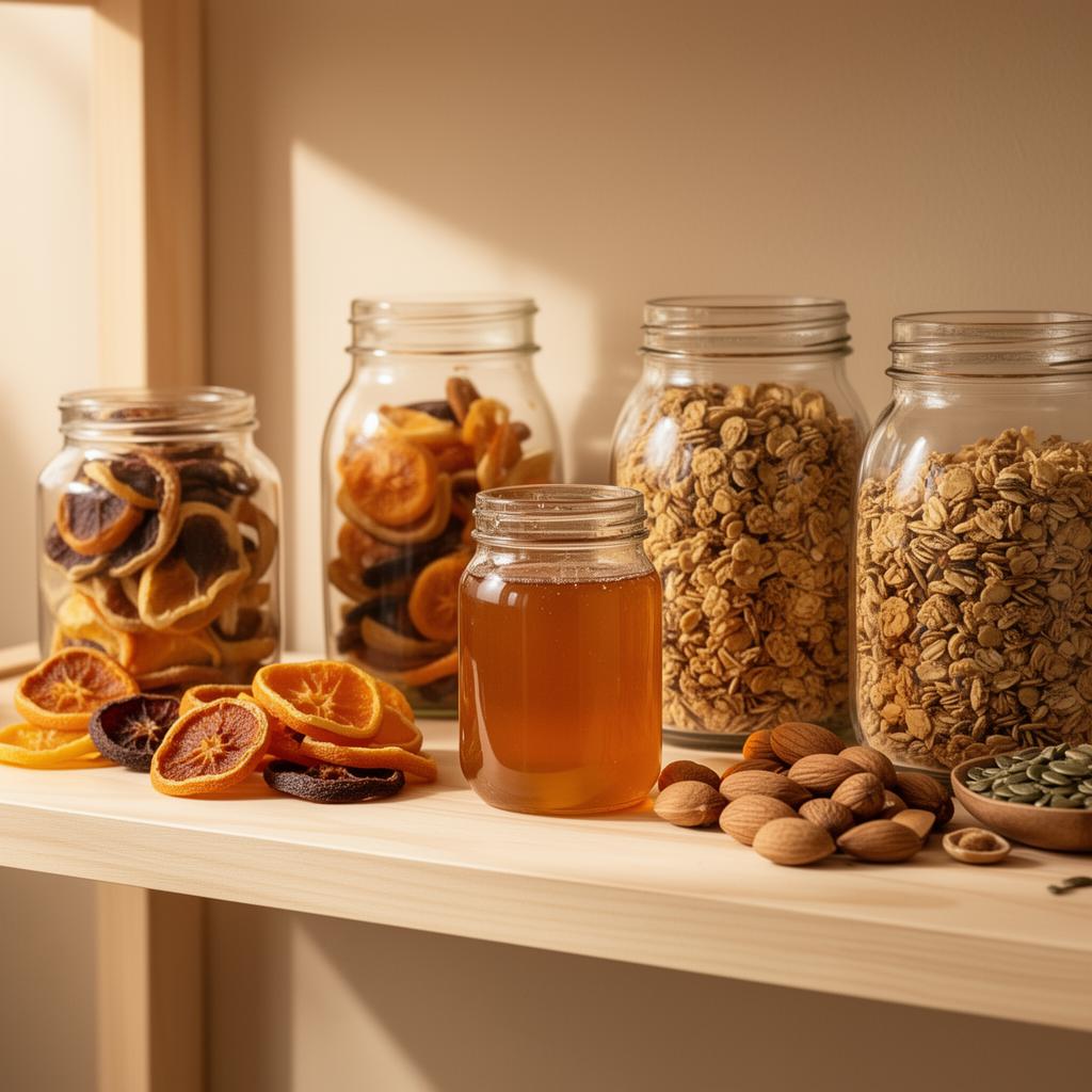 Frutas secas, mel, granola e castanhas em potes de vidro em lojas de produtos naturais em Cianorte Jardim das Ervas